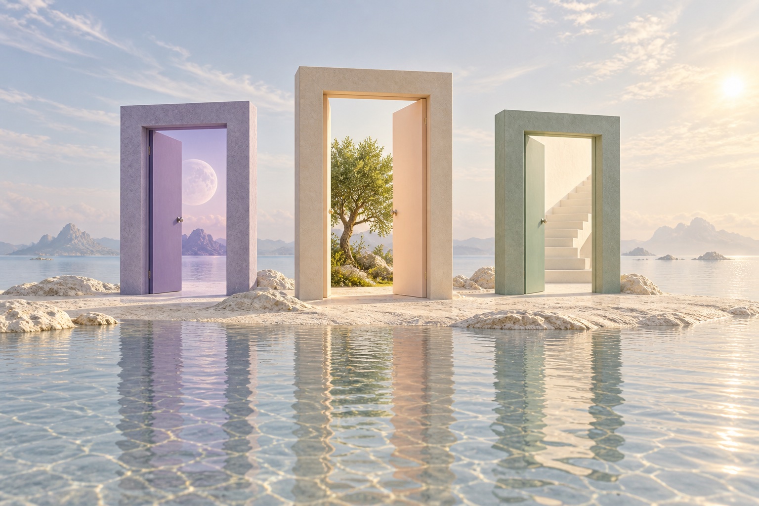 Three lavender, ivory, and sage doorways opening to different worlds over a quiet sea